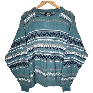 Vintage Jantzen Sweater Mens Green 3D Knit Textured USA Fair Isle 90s Y2K Large